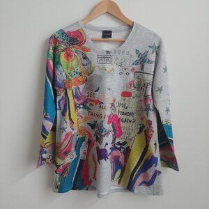 Inoah Wearable Art grey multicolour lightweight sweatshirt top shirt Small